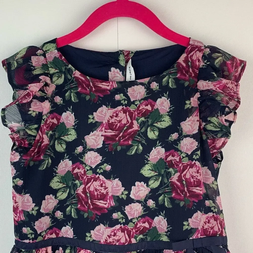 Janie And Jack Girl’s Navy Pink Floral Chiffon Ruffle Dress Size 7